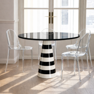 Siyah Beyaz Şerit Yuvarlak Yemek Masası
